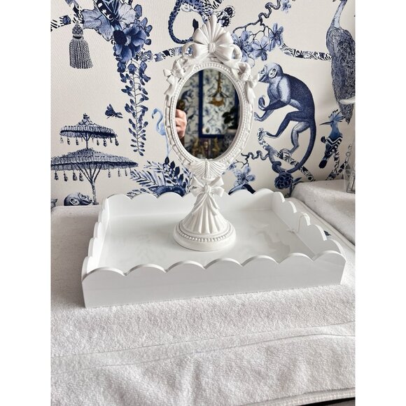 Scallop Edge White Lacquered Vanity Tray 14.25"L x 10.25"W Dresser Bathroom - Picture 14 of 16